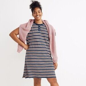 Madewell Striped Henley T-Shirt Dress Hemp Cotton Blend Navy - Size M - EUC